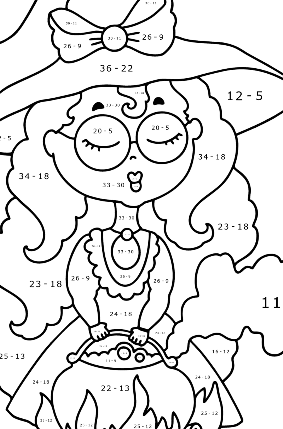 Dibujo La bruja elabora una poción para colorear - Colorear con Matemáticas - Restas para Niños