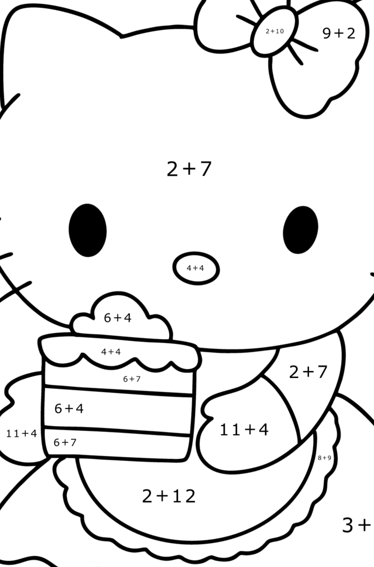 Boyama sayfası Hello Kitty ve pasta - Matematik Boyama - Toplama çocuklar için