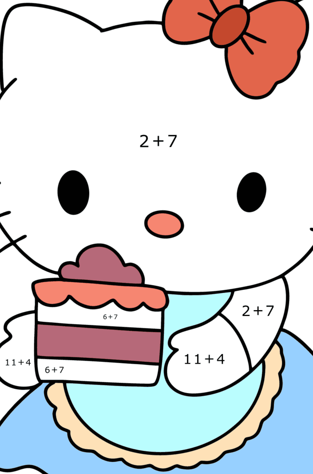 Omalovánka Hello Kitty a dort - Matematická Omalovánka - Sčítání pro děti
