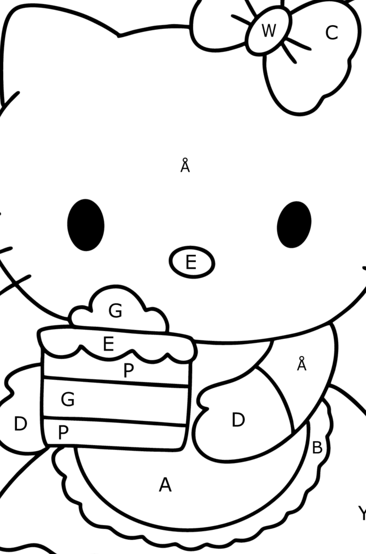 Tegning til fargelegging Hello Kitty og kake - Fargelegge etter bokstaver for barn