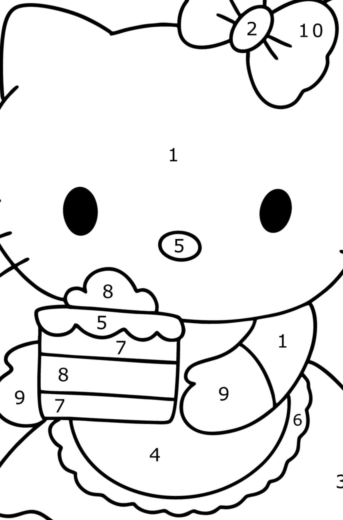 Desen de colorat Hello Kitty si tort - Desen de colorat după Număr pentru copii