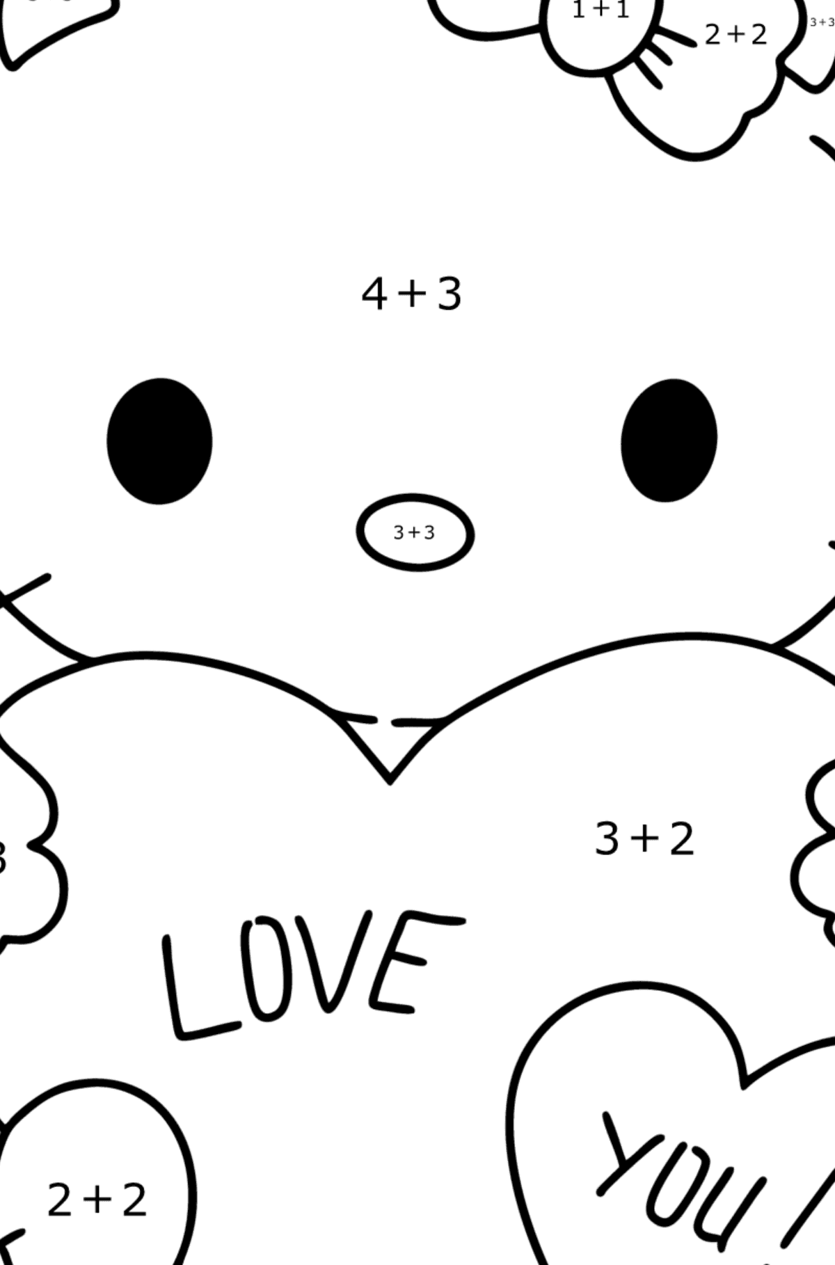 Desenho para colorir de Hello Kitty e corações - Colorindo com Matemática - Soma para Crianças