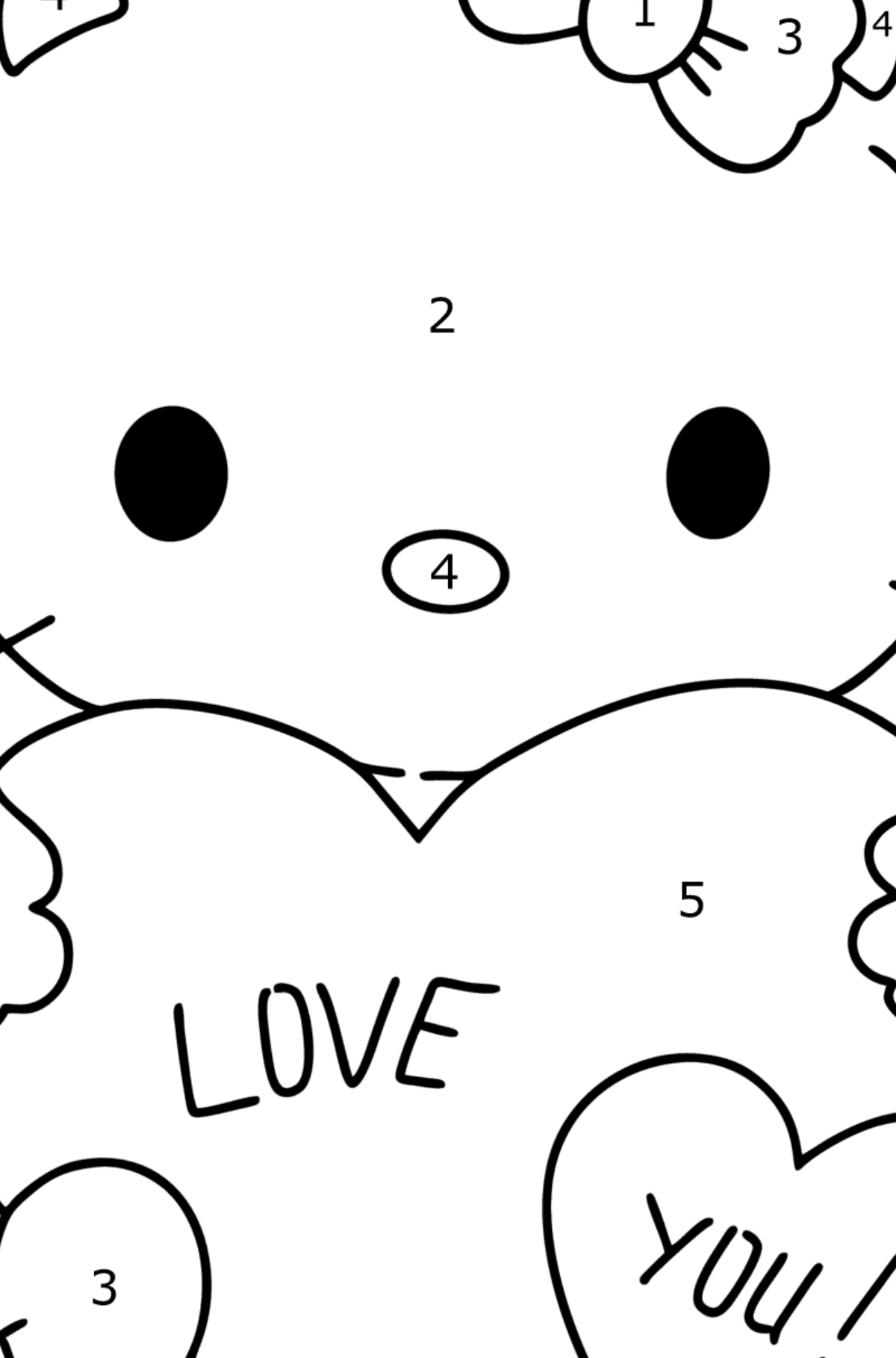 Desen de colorat Hello Kitty si inimi - Desen de colorat după Număr pentru copii