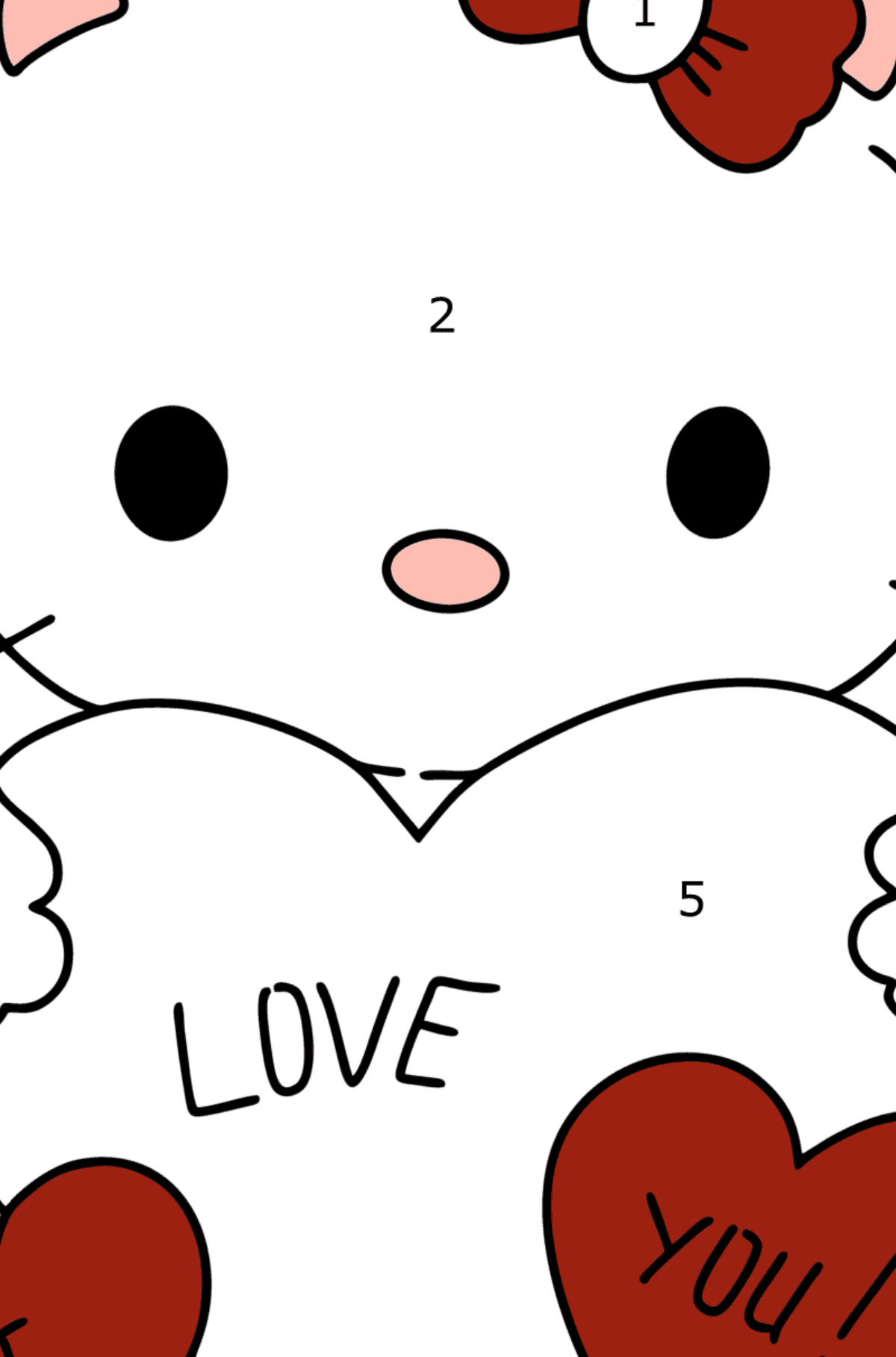 Kolorowanka Hello Kitty i serca - Koloruj według numerów dla dzieci
