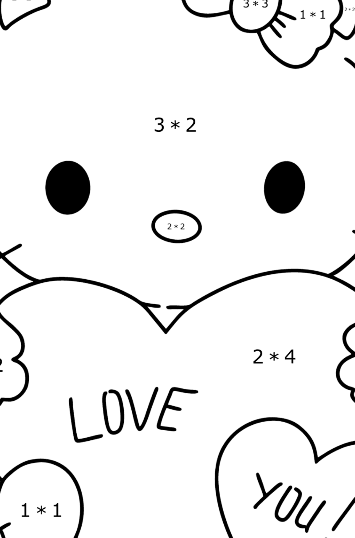 Desenho para colorir de Hello Kitty e corações - Colorindo com Matemática - Multiplicação para Crianças