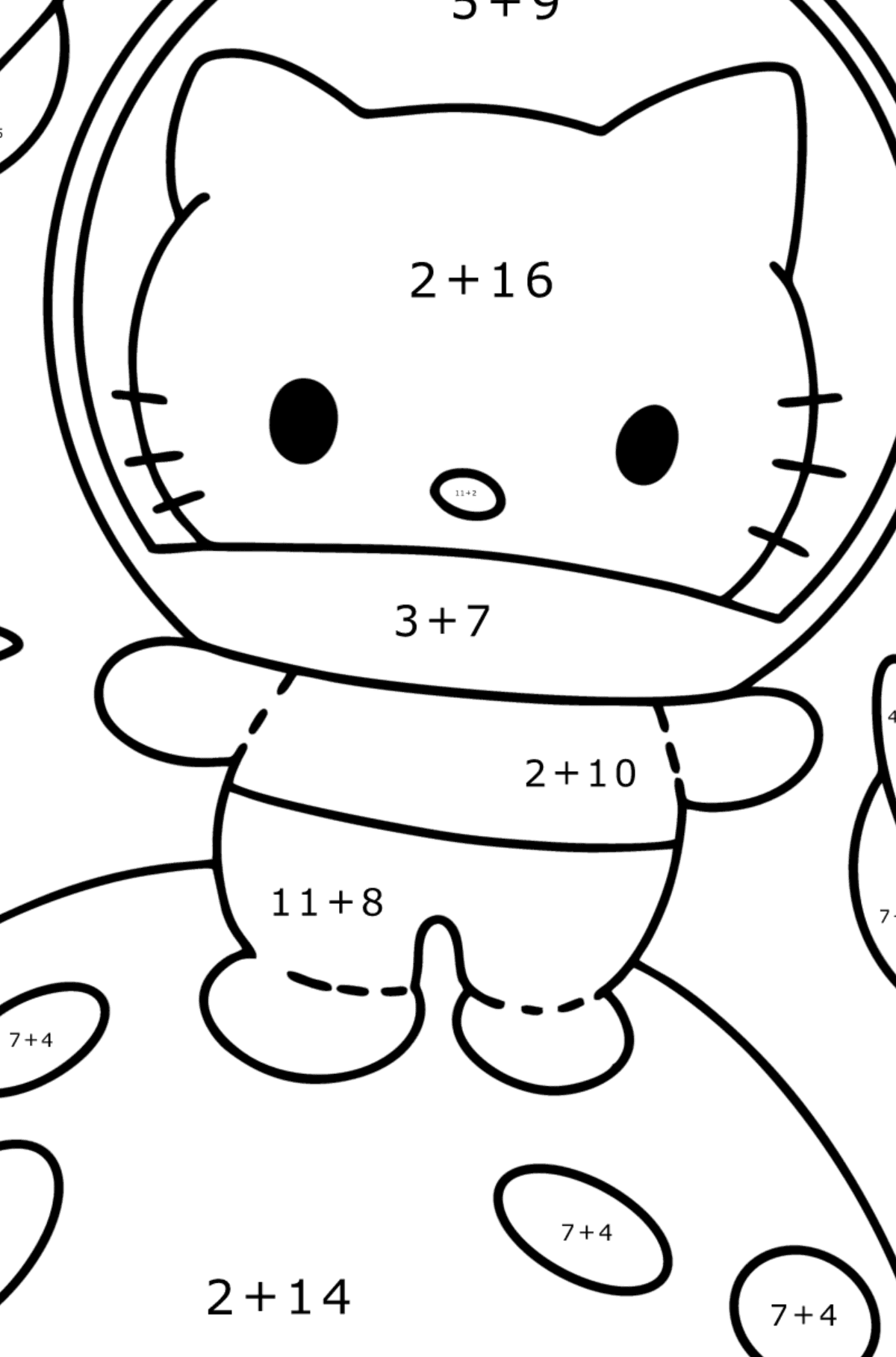 Desenho para colorir Hello Kitty Astronaut - Colorindo com Matemática - Soma para Crianças