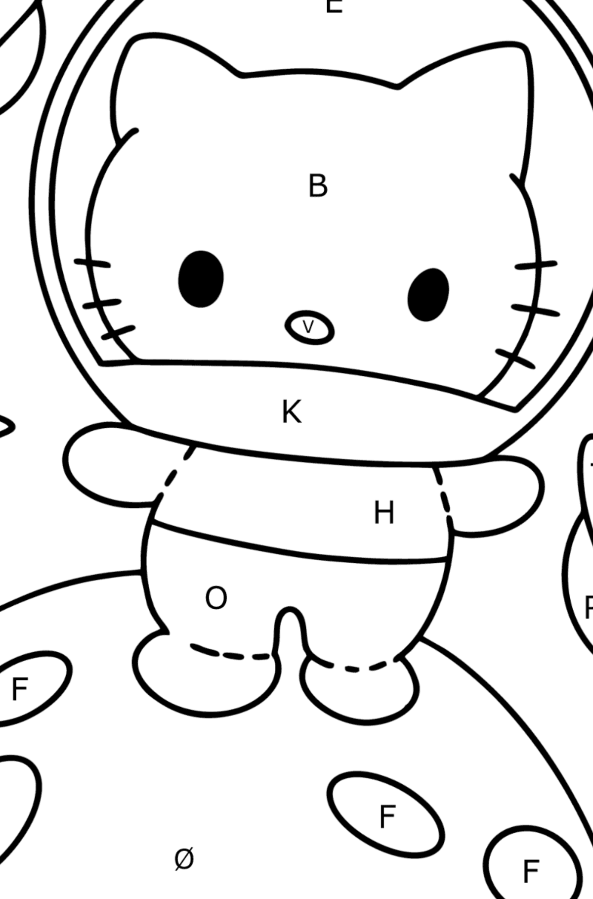 Tegning til fargelegging Hello Kitty astronaut - Fargelegge etter bokstaver for barn