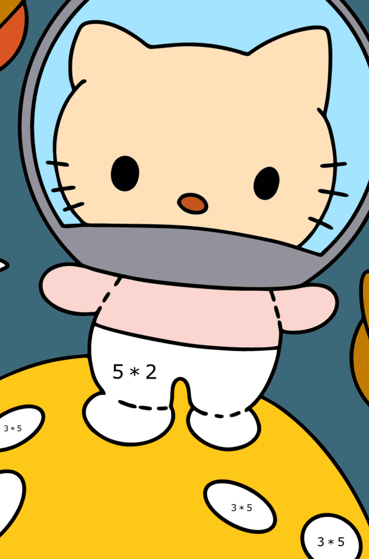 Omalovánka Hello Kitty astronaut - Matematická Omalovánka - Násobení pro děti