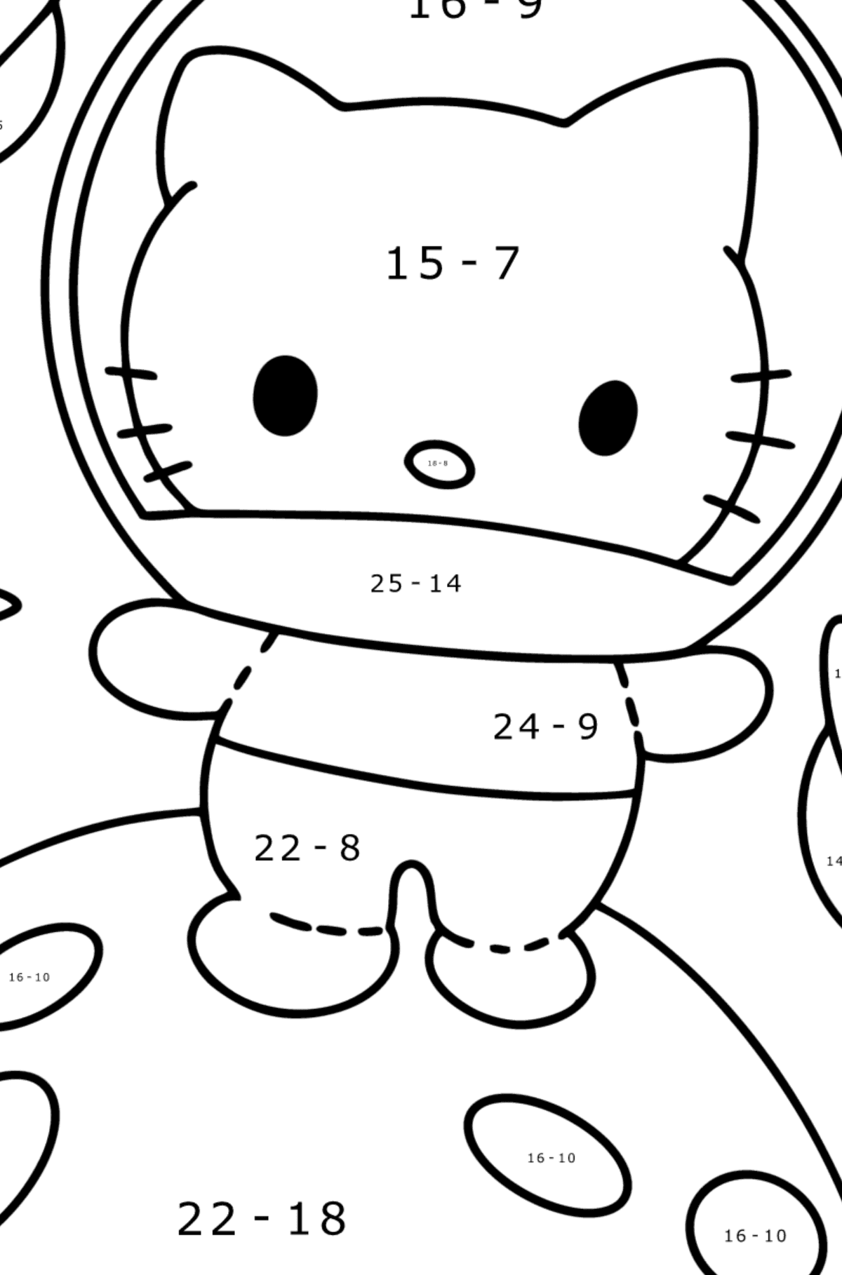 Desenho para colorir Hello Kitty Astronaut - Colorindo com Matemática - Subtração para Crianças