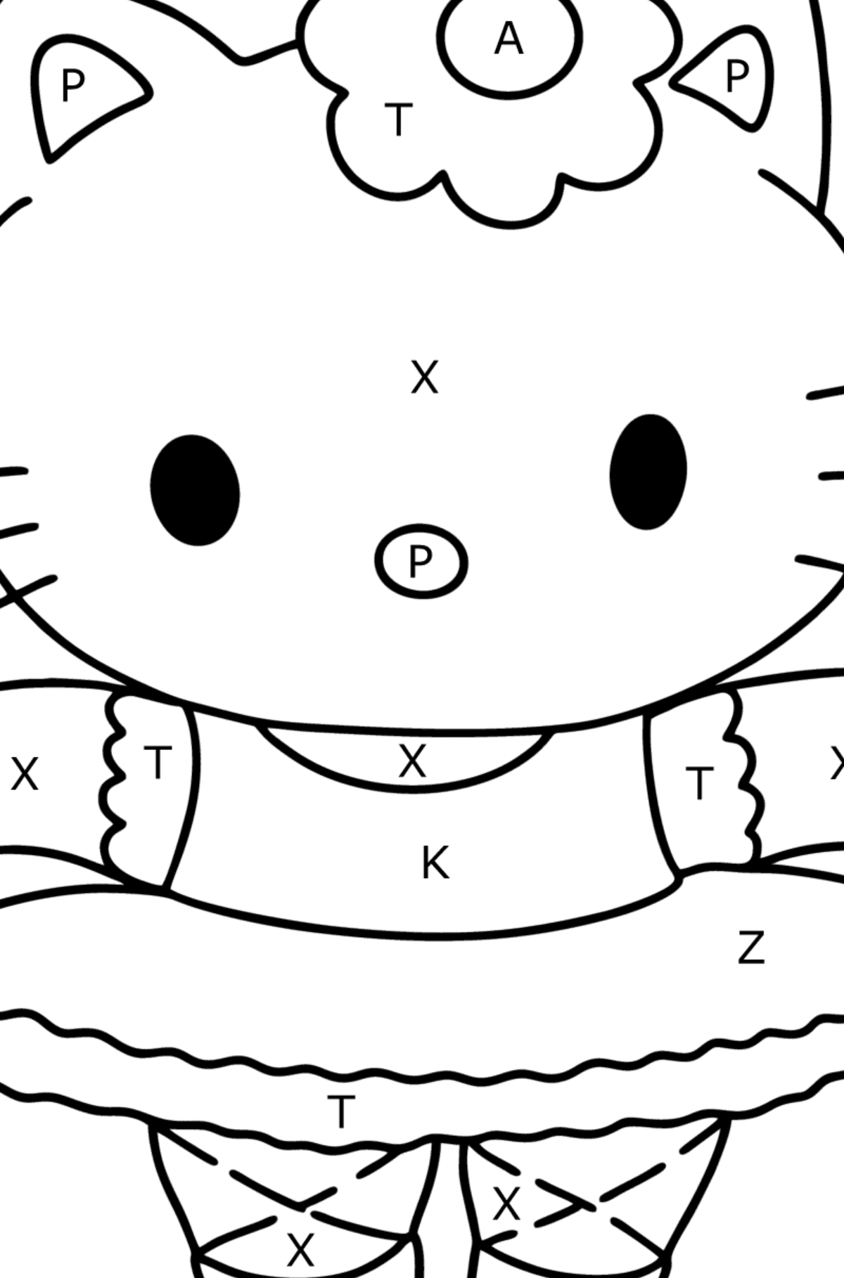 Ausmalbild Hello Kitty Ballerina - Ausmalen nach Buchstaben für Kinder