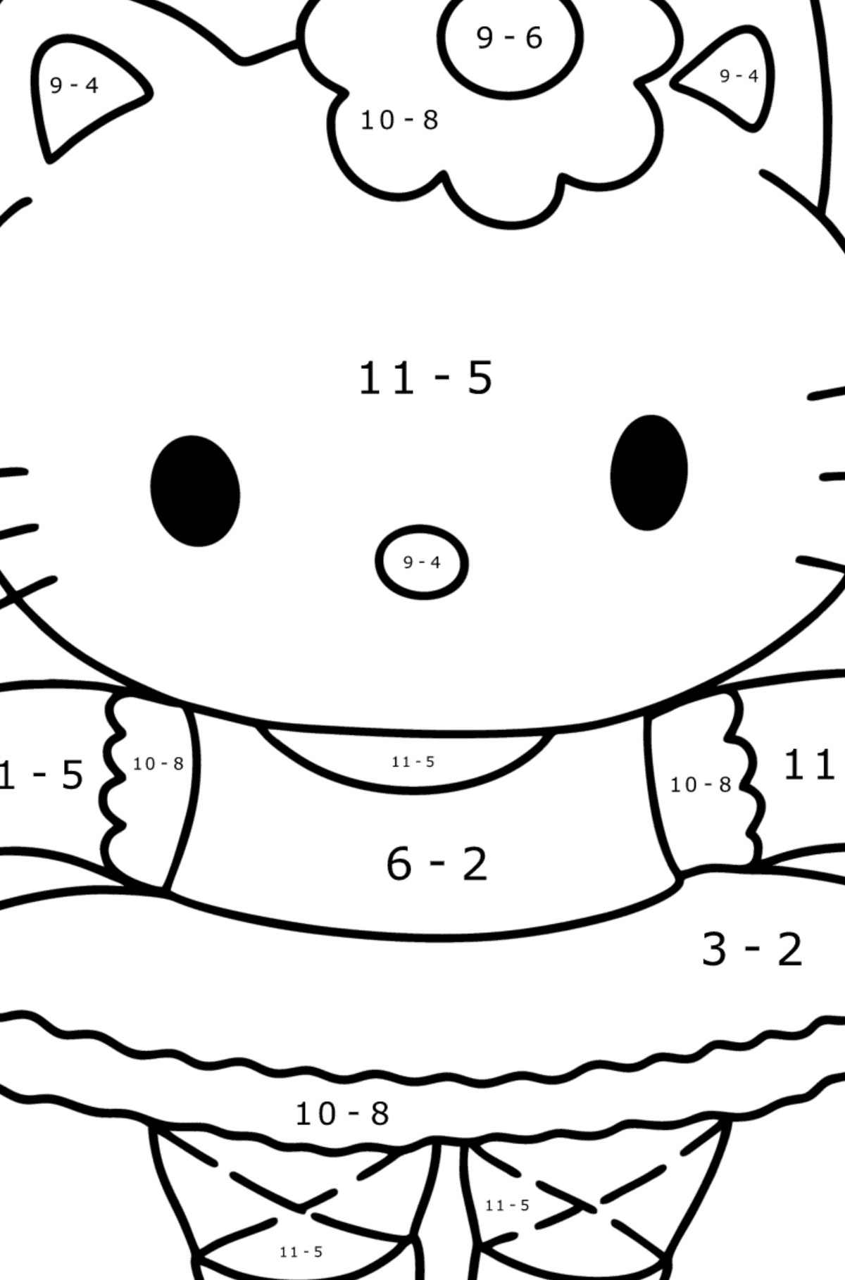 Ausmalbild Hello Kitty Ballerina - Mathe Ausmalbilder - Subtraktion für Kinder