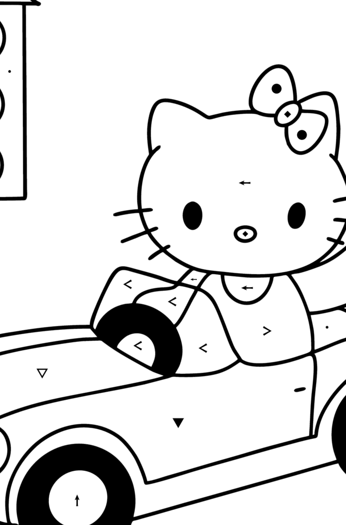 Ausmalbild Hello Kitty mit dem Auto - Ausmalen nach Symbolen für Kinder