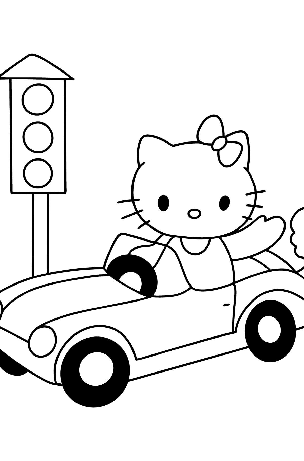 Ausmalbild Hello Kitty mit dem Auto - Malvorlagen für Kinder