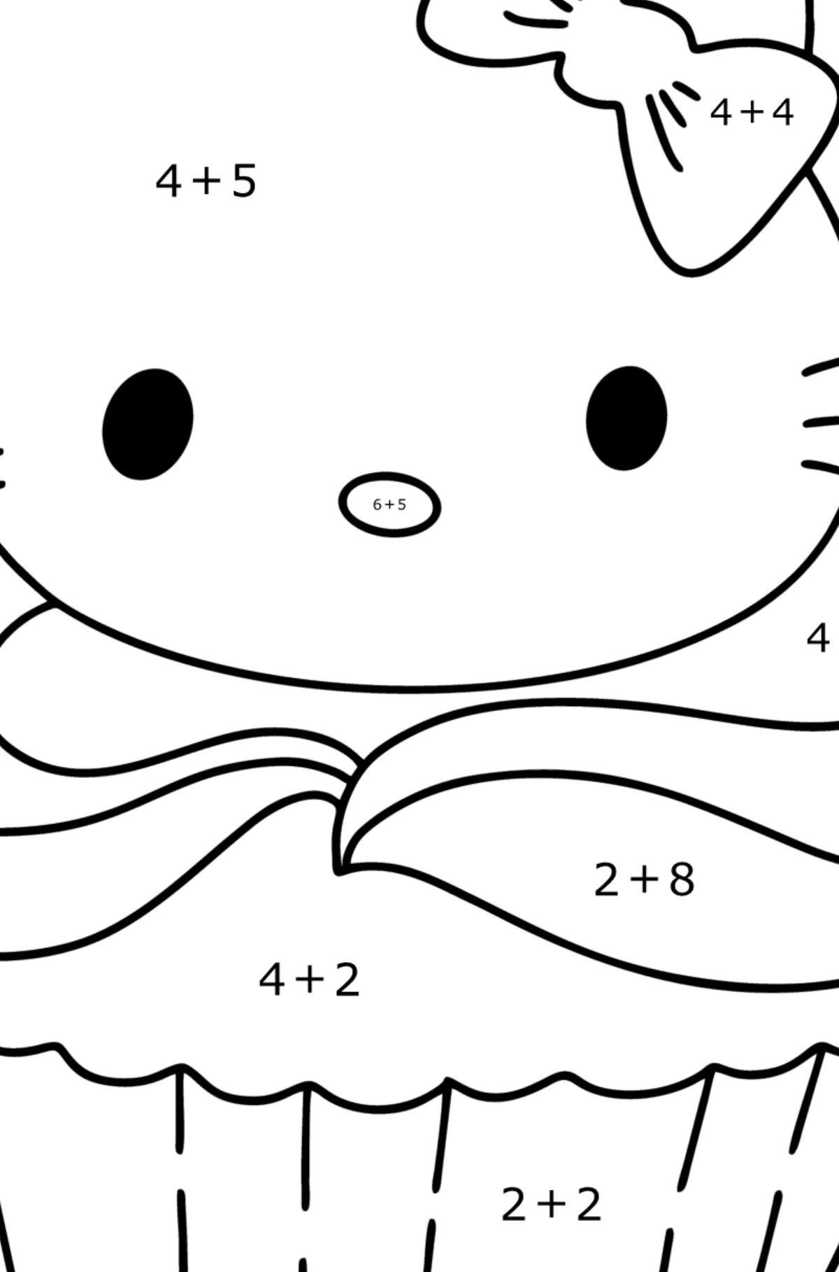 Ausmalbild Hello Kitty Cupcake - Mathe Ausmalbilder - Addition für Kinder