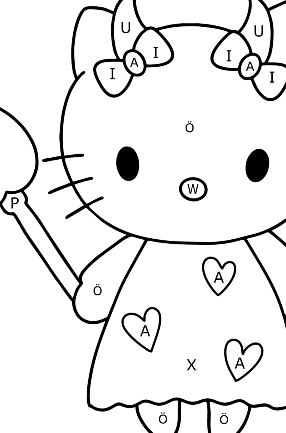 Ausmalbild Hello Kitty Devil - Ausmalen nach Buchstaben für Kinder