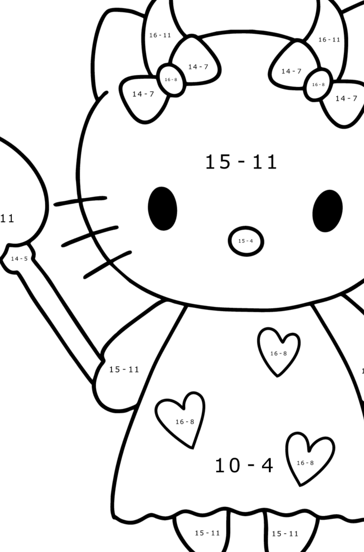 Ausmalbild Hello Kitty Devil - Mathe Ausmalbilder - Subtraktion für Kinder