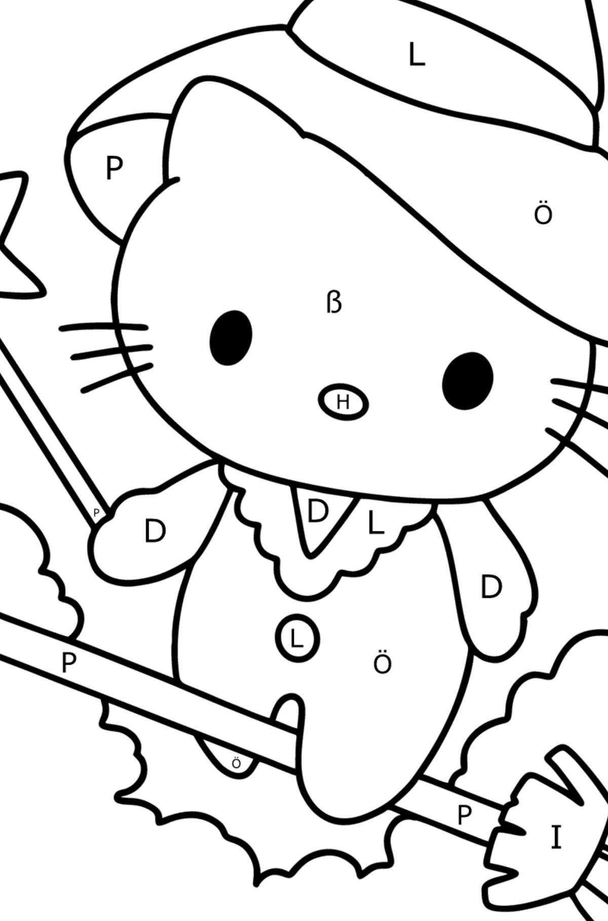 Ausmalbild Hello Kitty Halloween - Ausmalen nach Buchstaben für Kinder