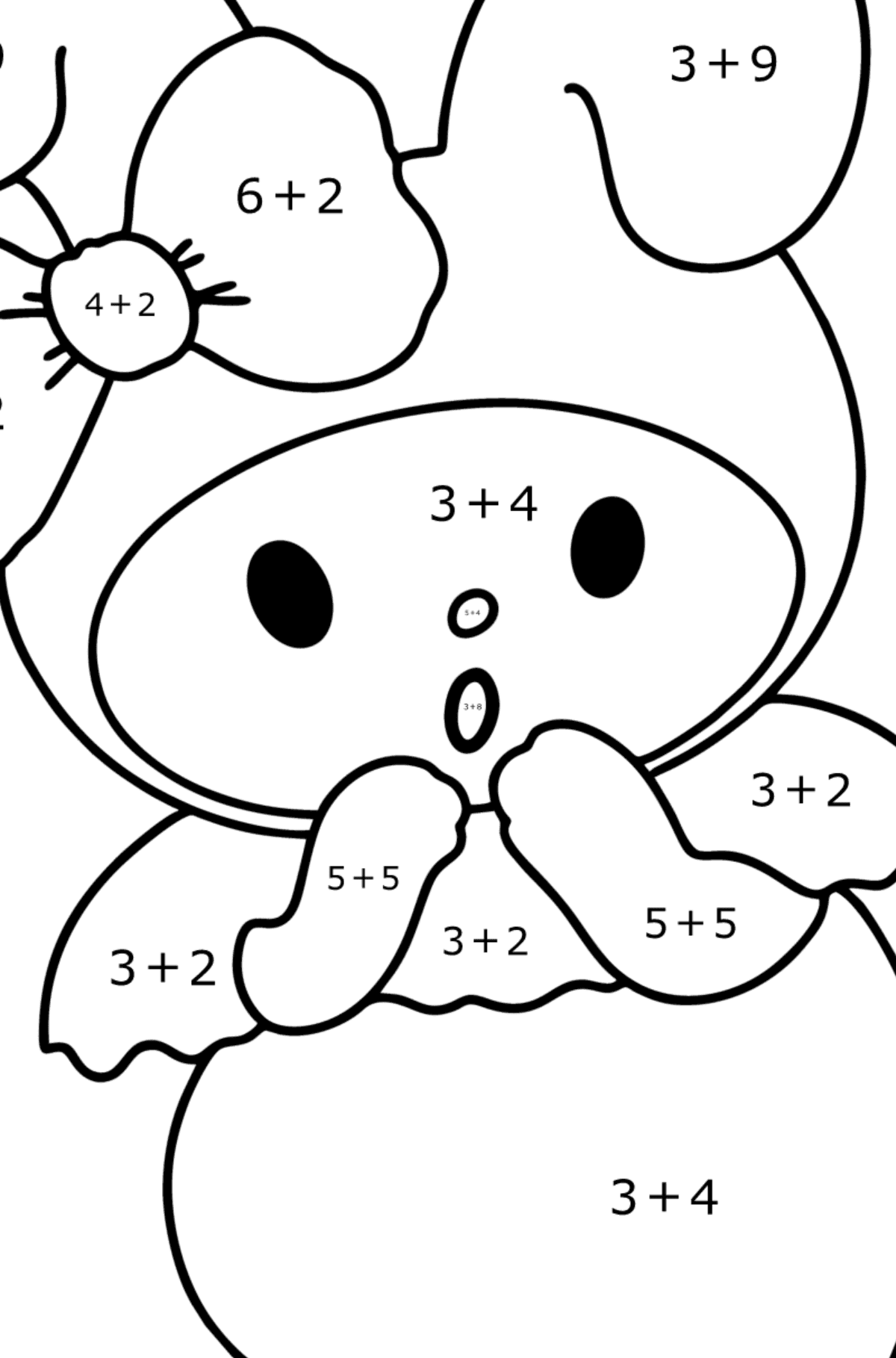 Ausmalbild Hello Kitty My Melody - Mathe Ausmalbilder - Addition für Kinder