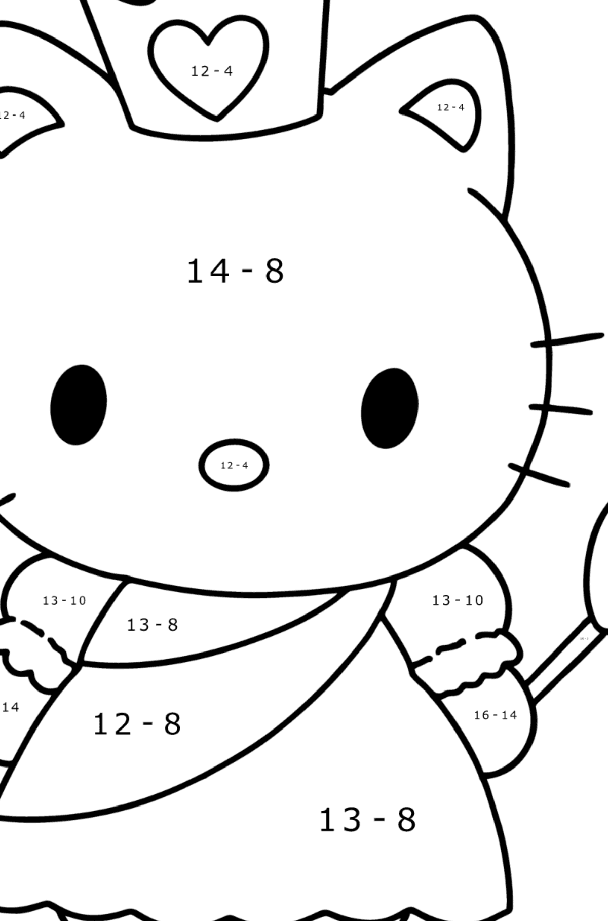 Boyama sayfası Hello Kitty bir prenses - Matematik Boyama - Çıkarma çocuklar için