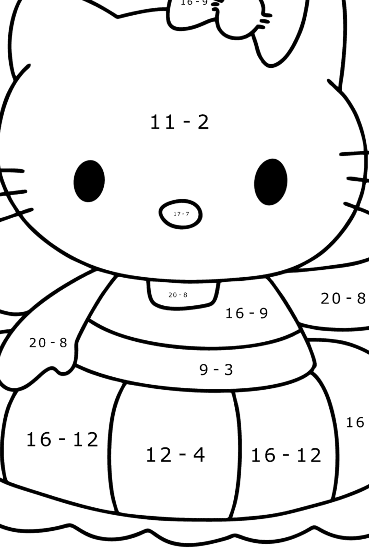 Kifestő Hello Kitty úszik - Matematikai színezés - kivonás gyerekeknek