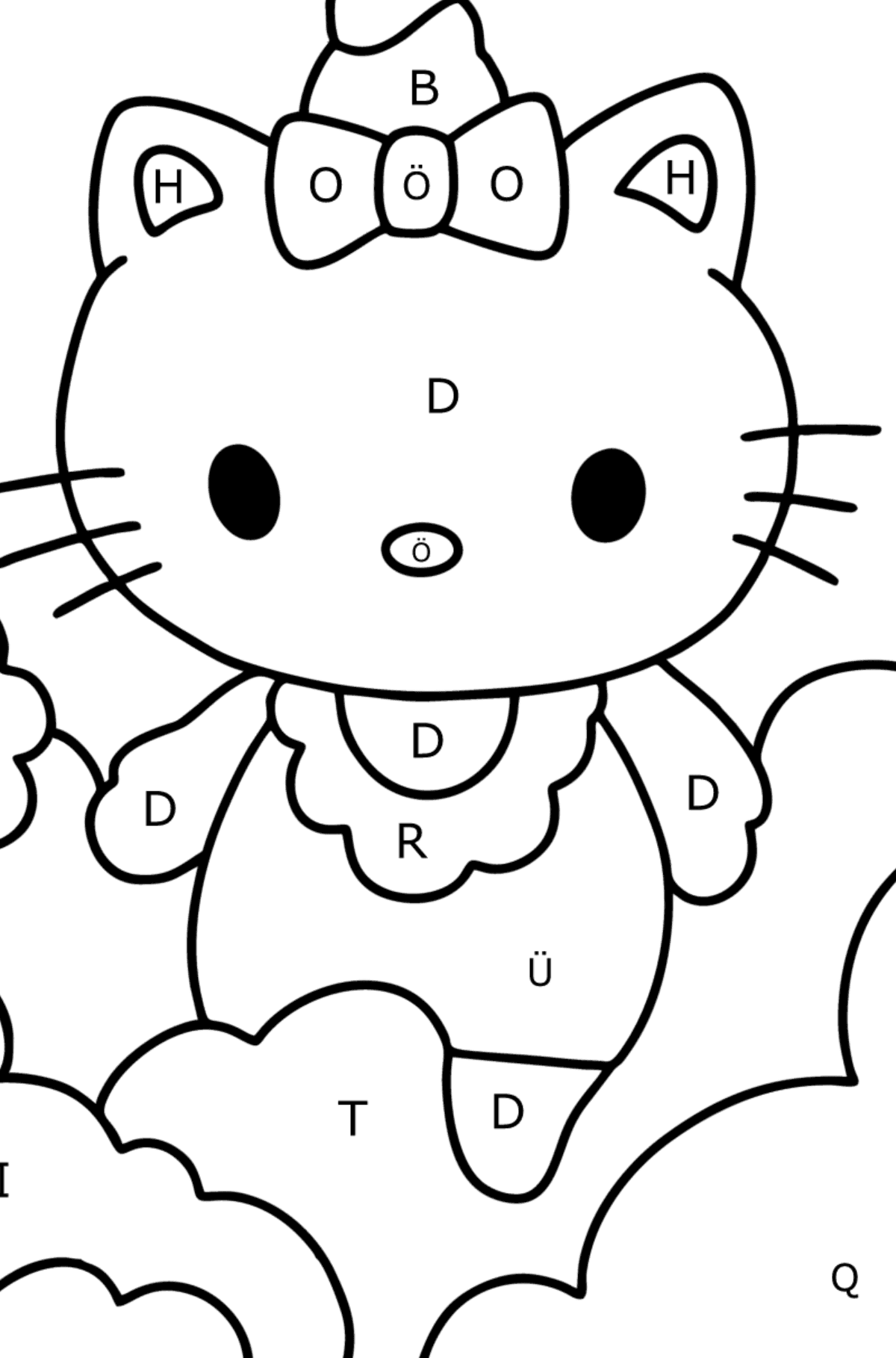 Ausmalbild Hello Kitty Einhorn - Ausmalen nach Buchstaben für Kinder