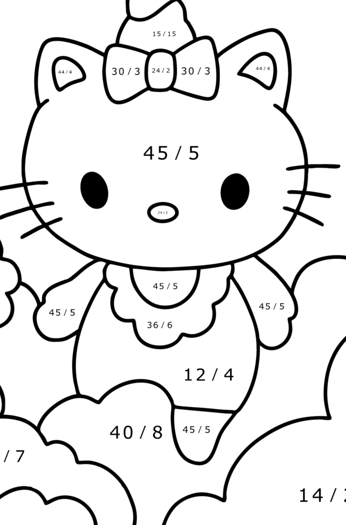 Ausmalbild Hello Kitty Einhorn - Mathe Ausmalbilder - Division für Kinder