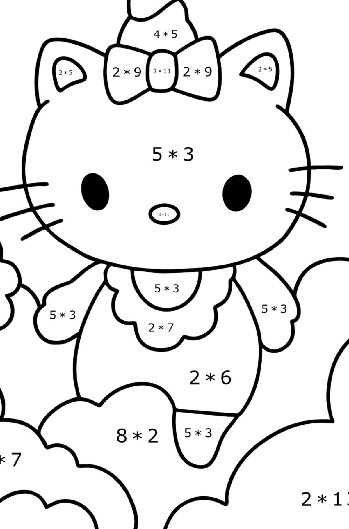 Ausmalbild Hello Kitty Einhorn - Mathe Ausmalbilder - Multiplikation für Kinder