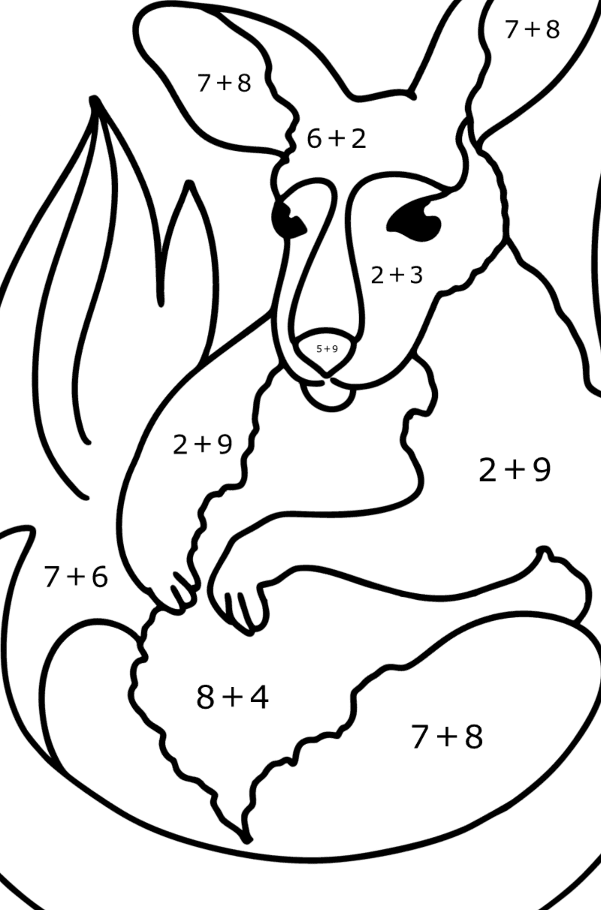 Disegni da colorare - Adorabile cucciolo di canguro - Colorazione matematica - Addizione per bambini
