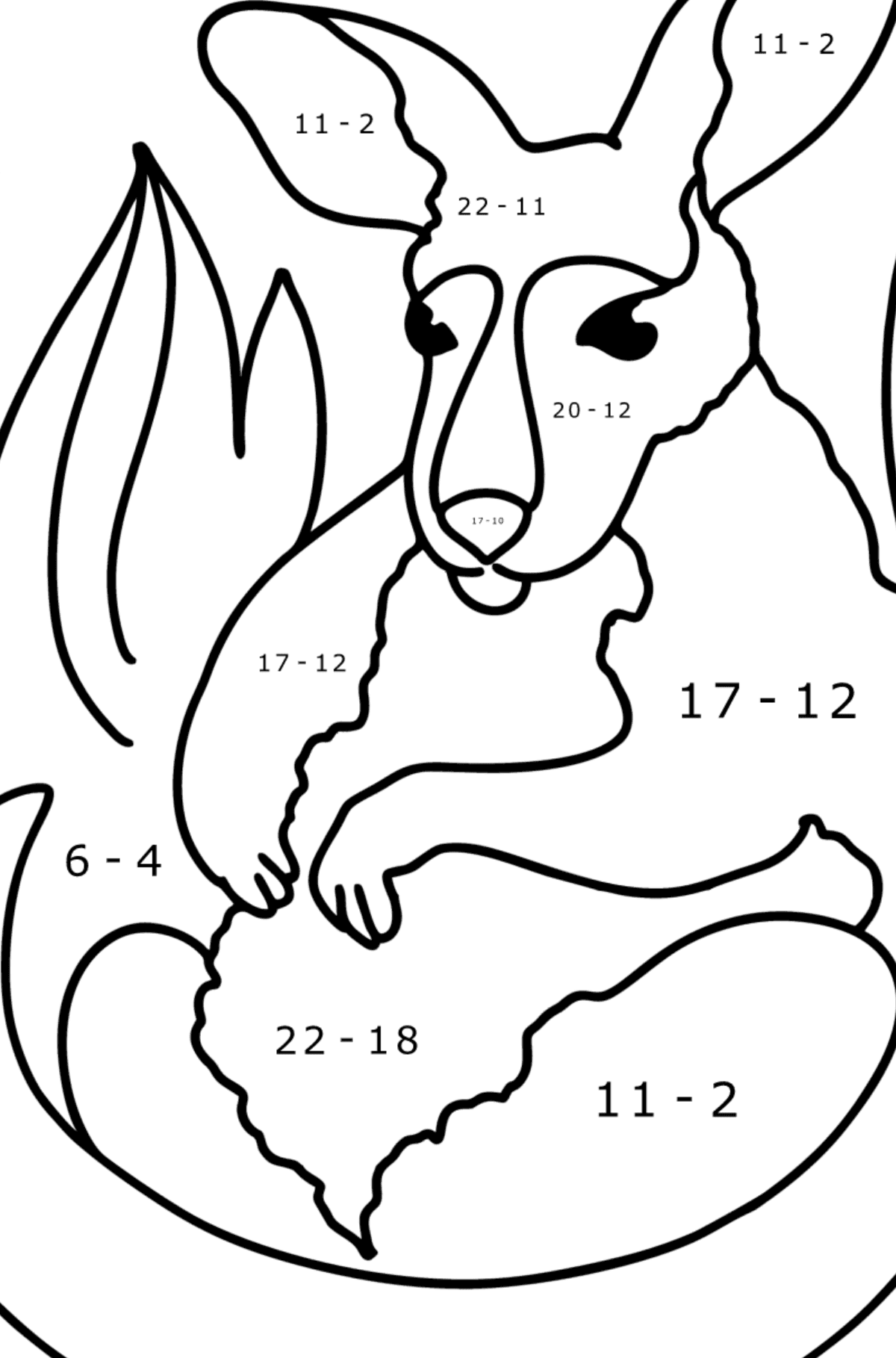 Disegni da colorare - Adorabile cucciolo di canguro - Colorazione matematica - Sottrazione per bambini
