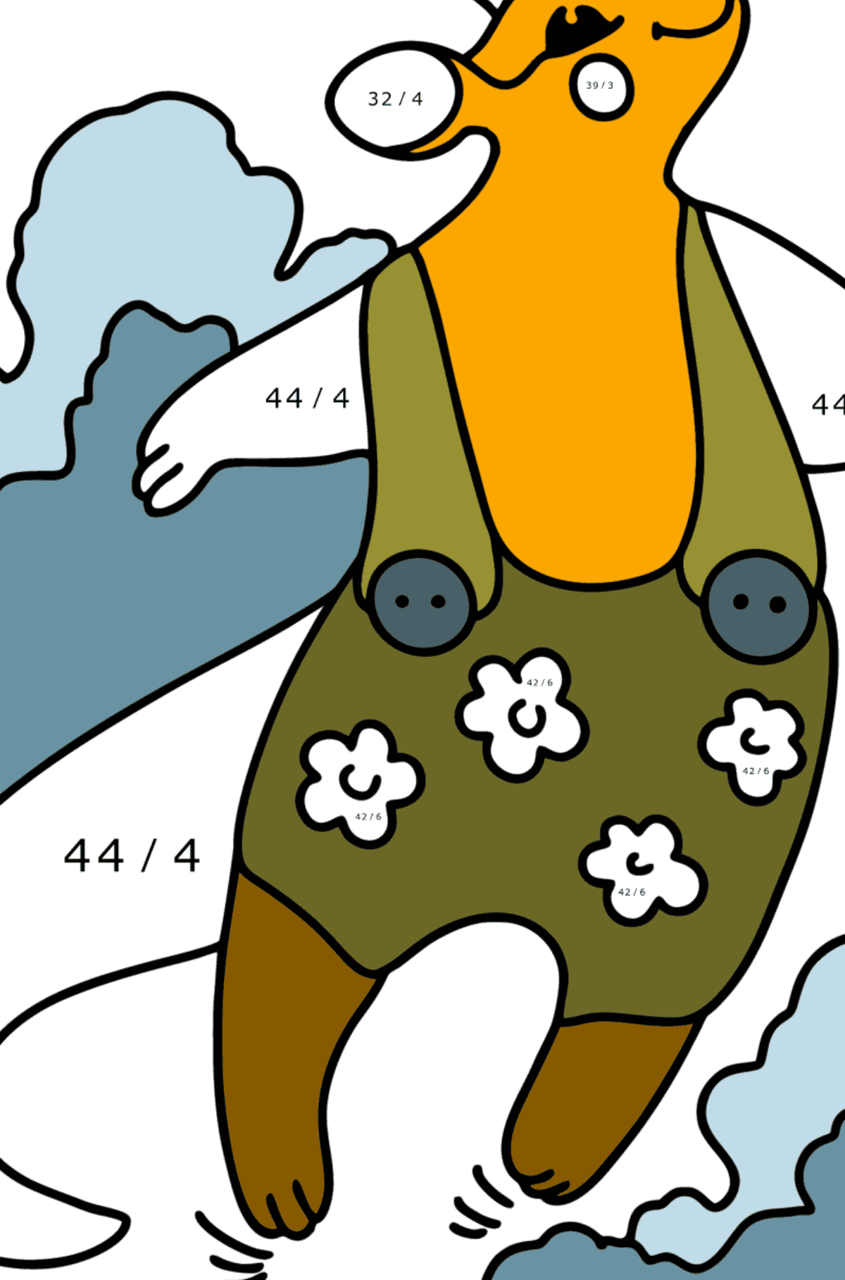 Dibujo para colorear Canguro de dibujos animados saltando - Colorear con Matemáticas - Divisiones para Niños