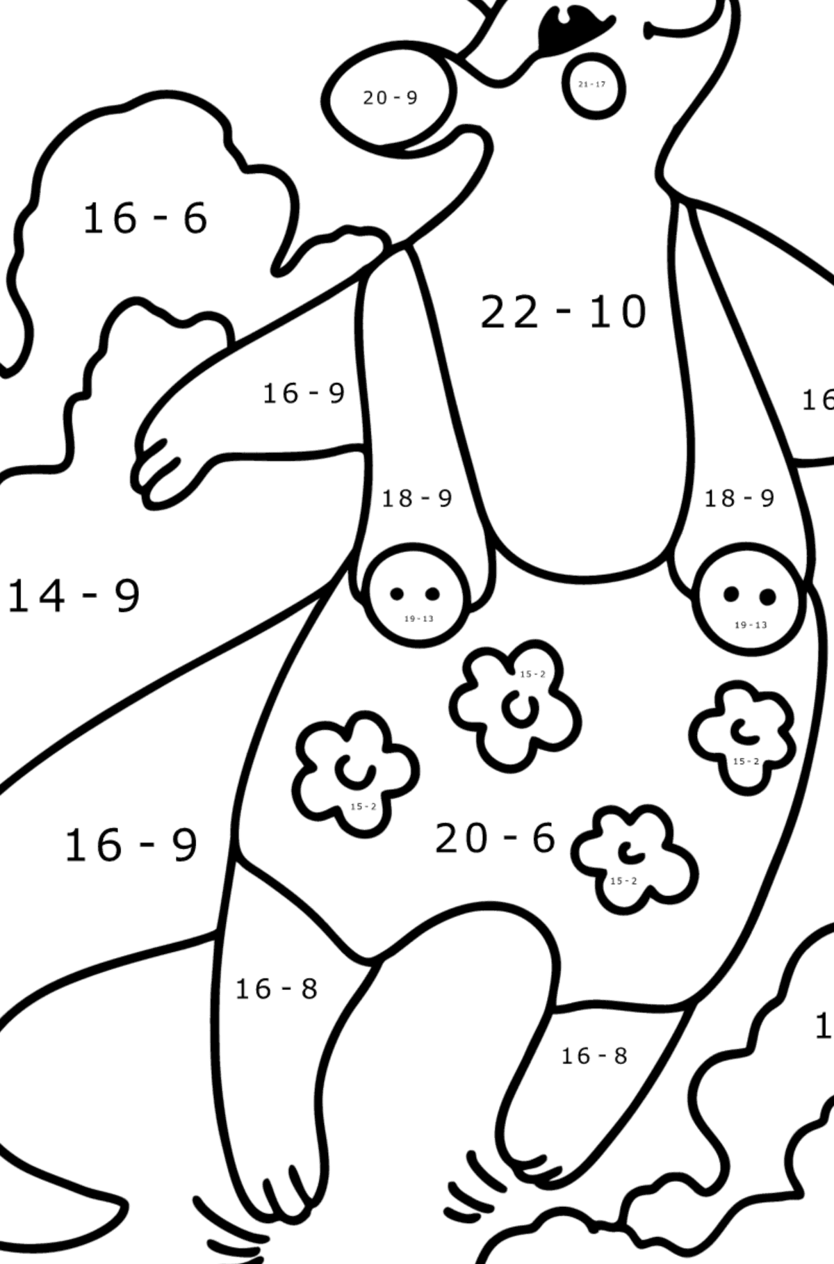 Omalovánka kreslený klokan skákání - Matematická Omalovánka - Odčítání pro děti