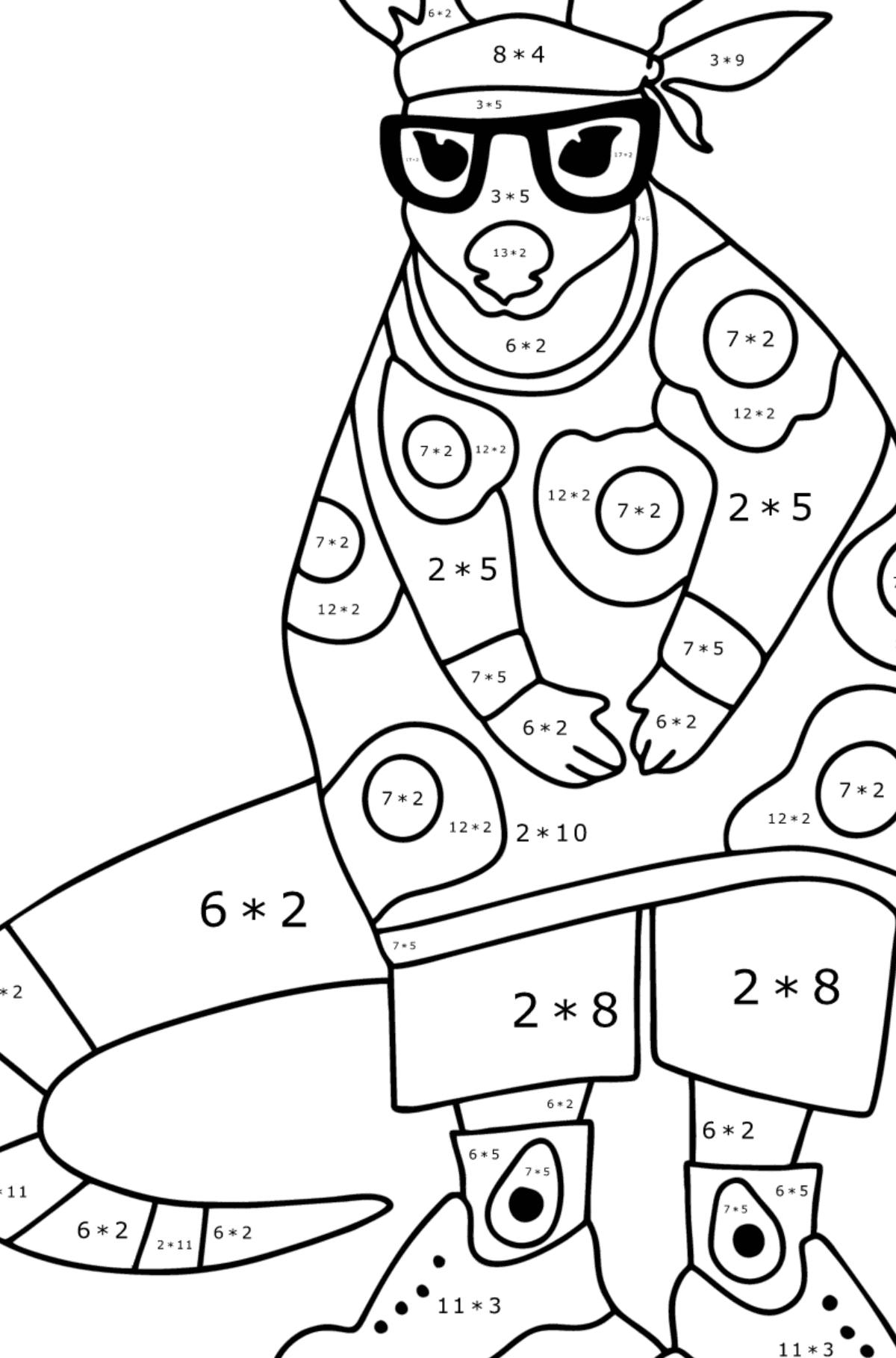 Omalovánka Kreslený milující klokan - Matematická Omalovánka - Násobení pro děti