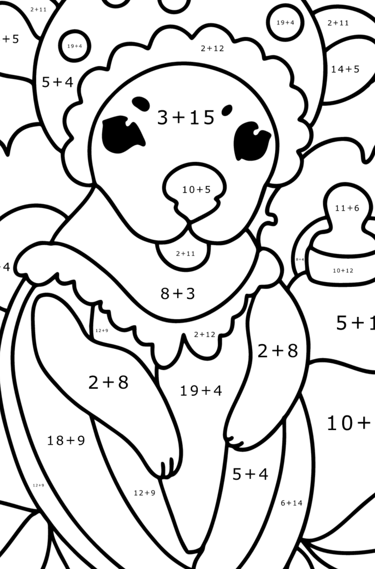 Omalovánka roztomilé dítě klokana - Matematická Omalovánka - Sčítání pro děti