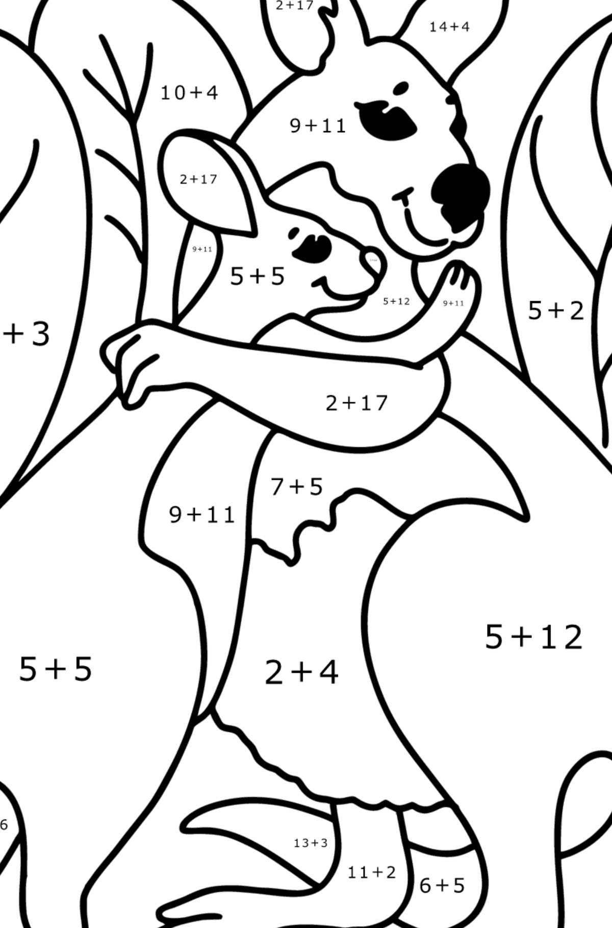 Ausmalbild süßes Känguru - Mathe Ausmalbilder - Addition für Kinder