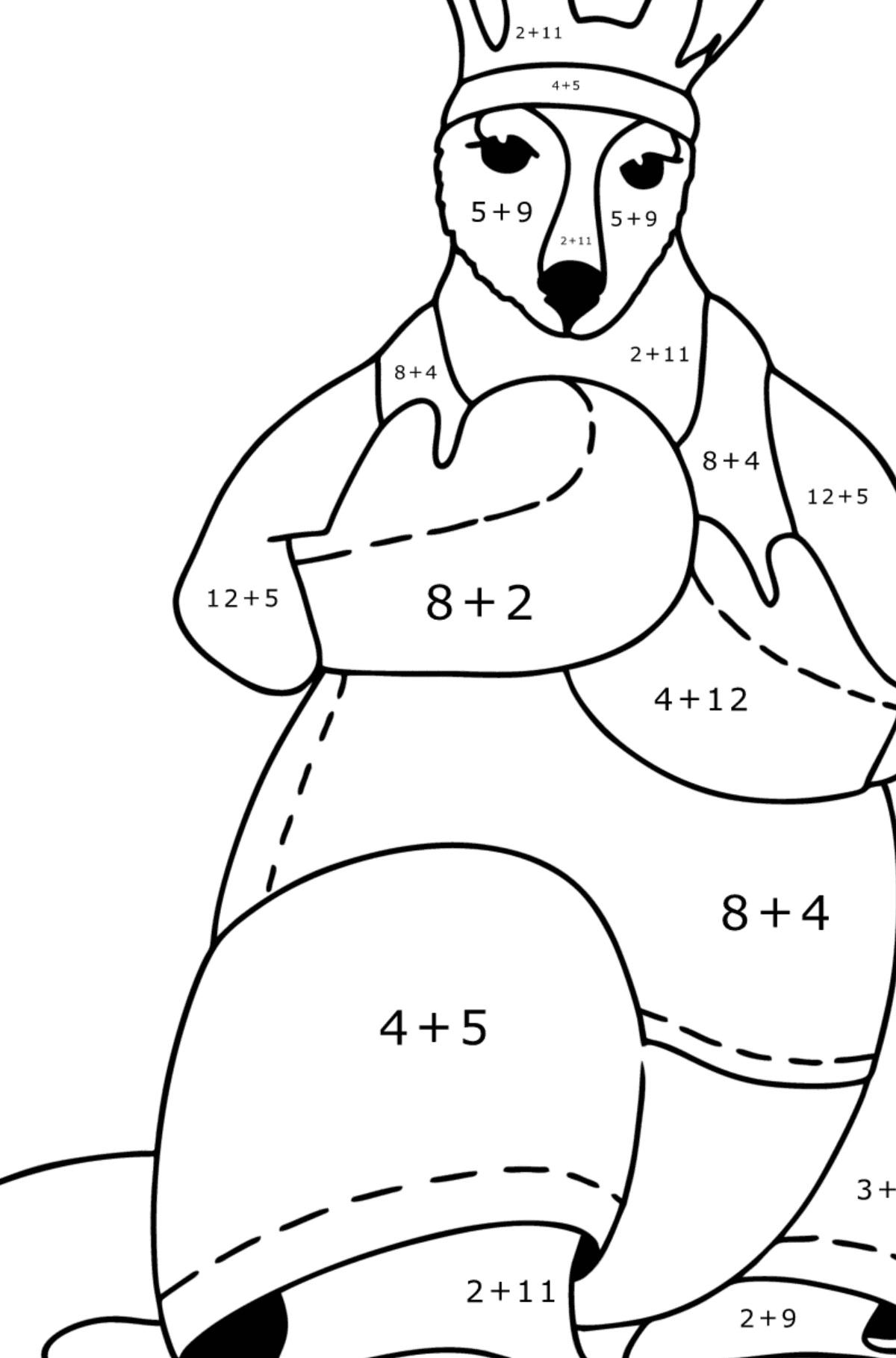 Ausmalbild Känguru-Boxer - Mathe Ausmalbilder - Addition für Kinder