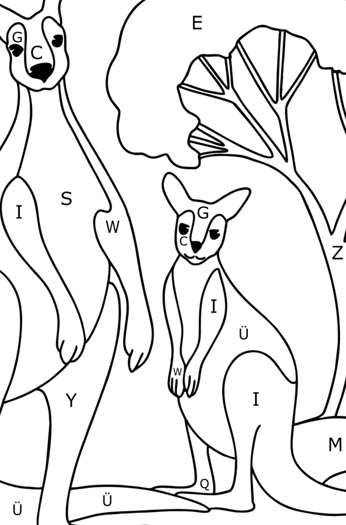 Ausmalbild Känguru mit Baby - Ausmalen nach Buchstaben für Kinder