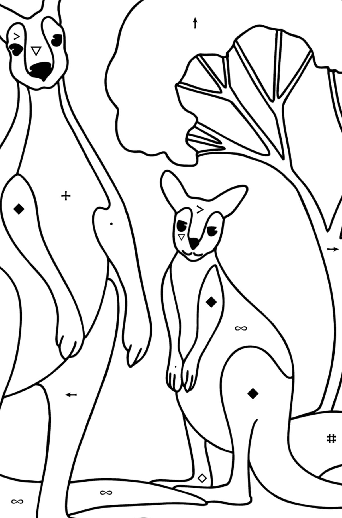 Ausmalbild Känguru mit Baby - Ausmalen nach Symbolen für Kinder