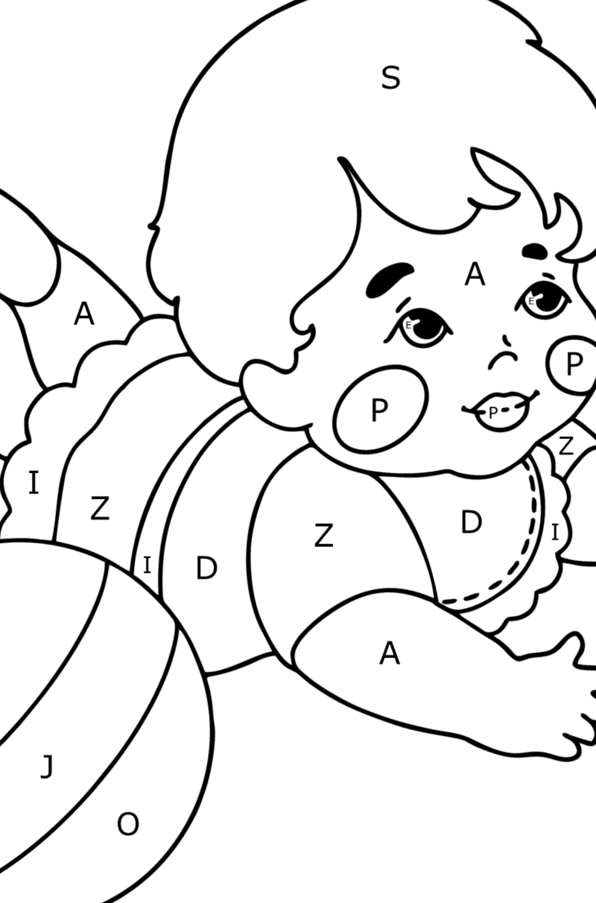 Tegning til fargelegging Baby med ball - Fargelegge etter bokstaver for barn