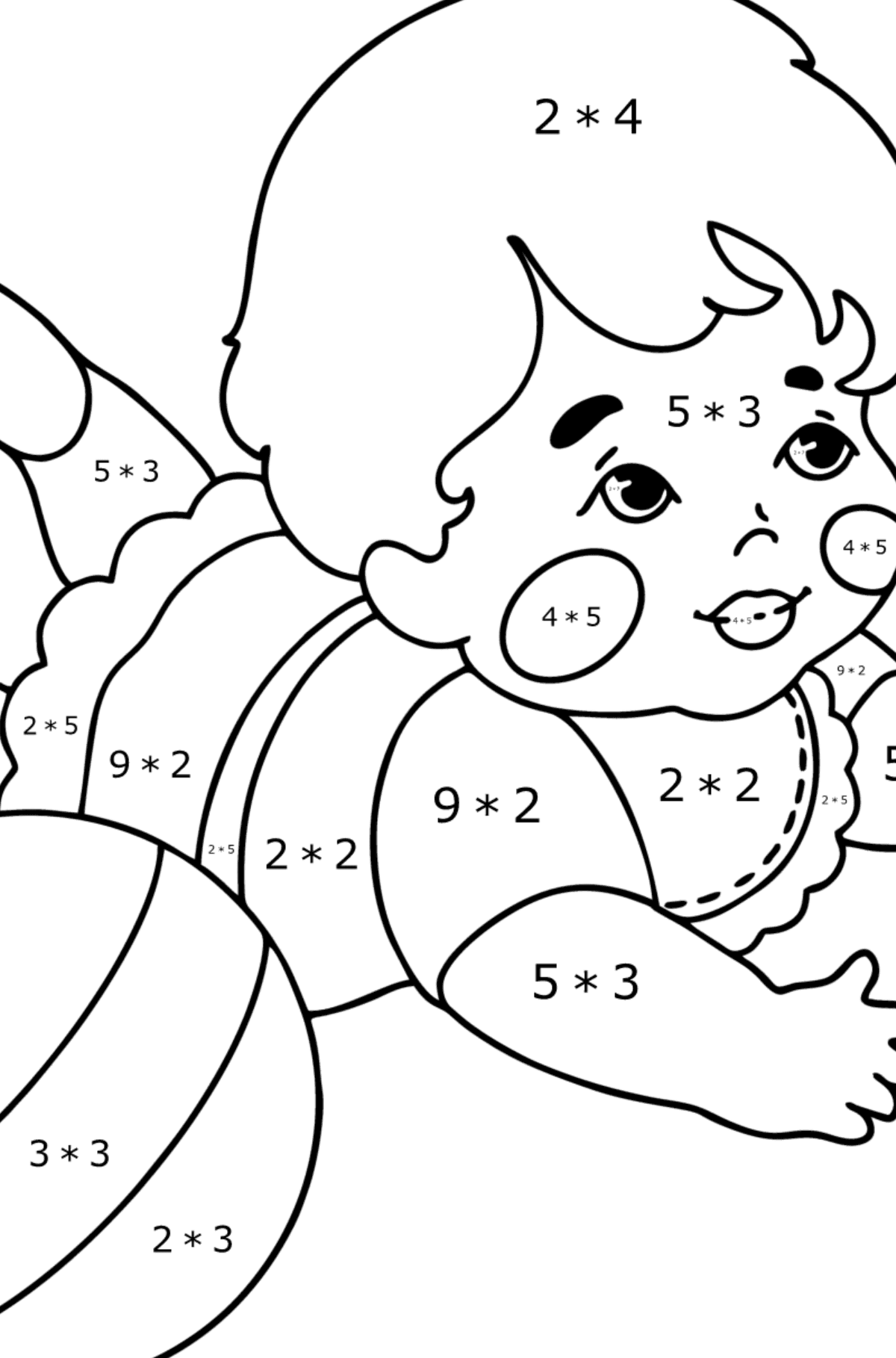 Tegning til fargelegging Baby med ball - Matematisk fargeleggingsside - multiplisering for barn