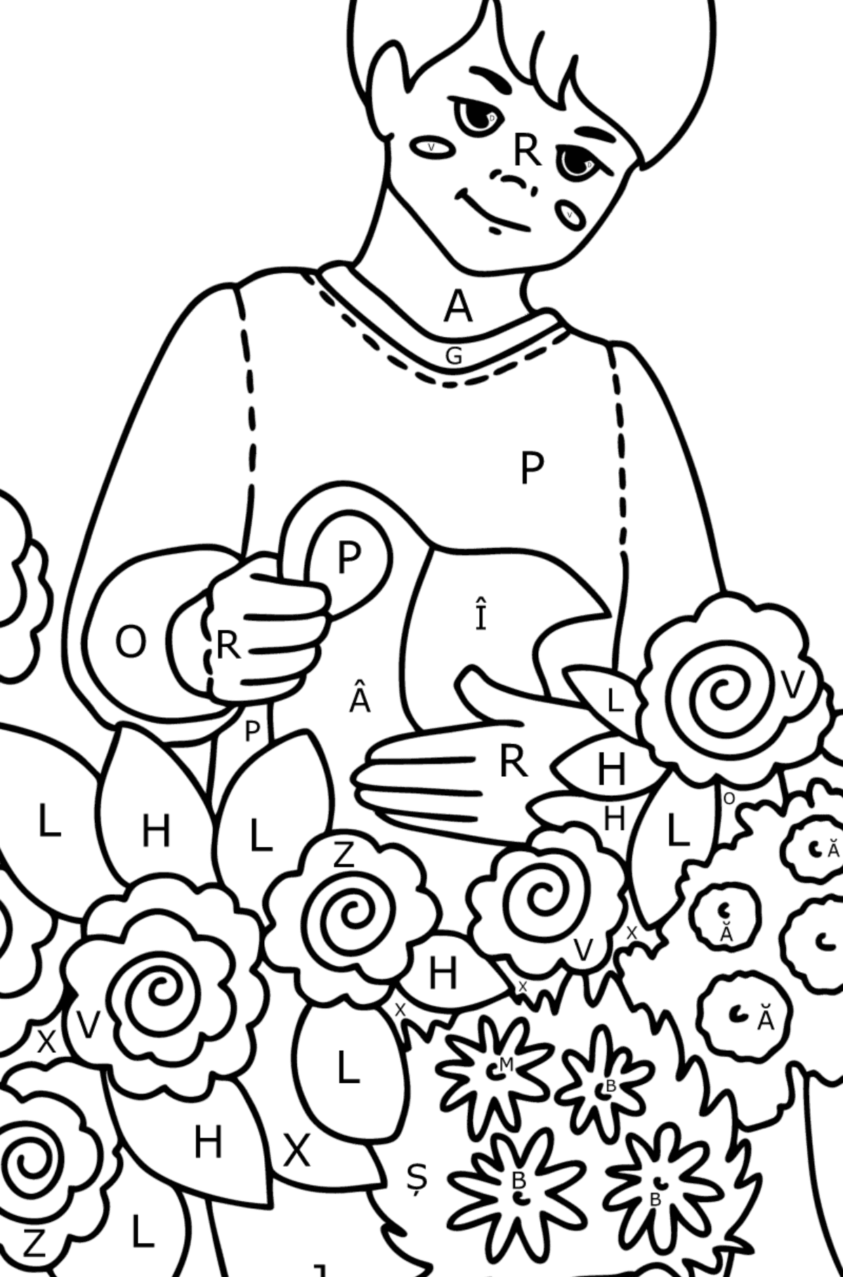 Desen de colorat Băiat care udă flori - Desen de colorat după Literă pentru copii