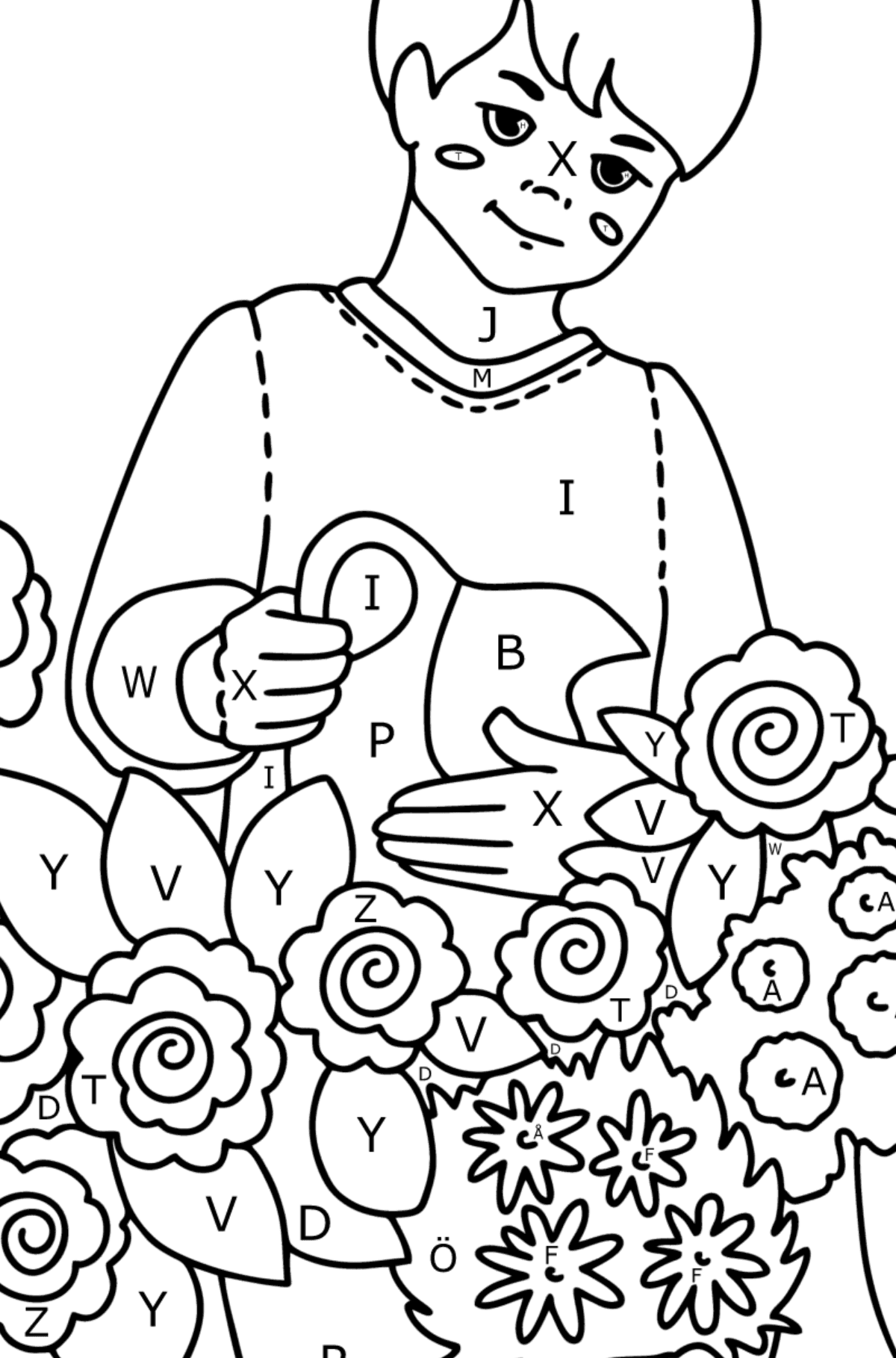 Målarbild Pojke vattna blommor - Färgläggning av bokstäver För barn
