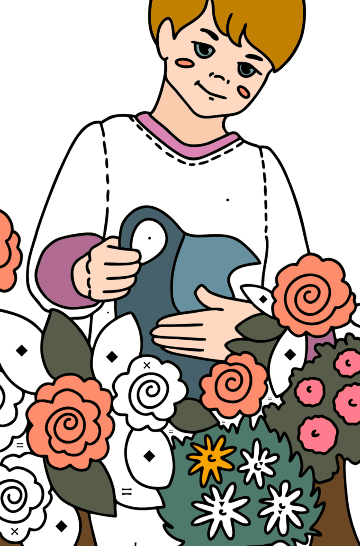 Coloriage Garçon arrosant des fleurs - Coloriage par Symboles pour les Enfants