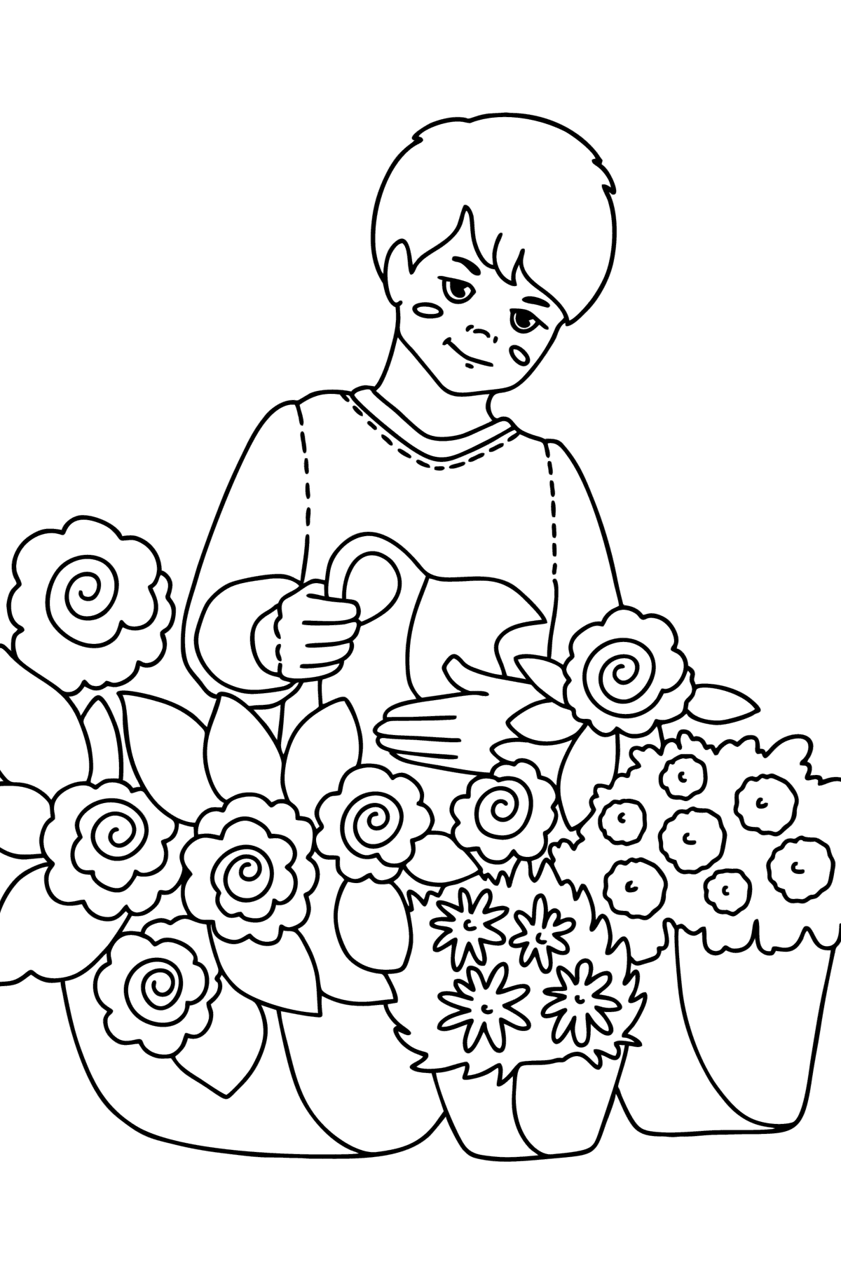 Desenho Menino regando flores para colorir - Imagens para Colorir para Crianças