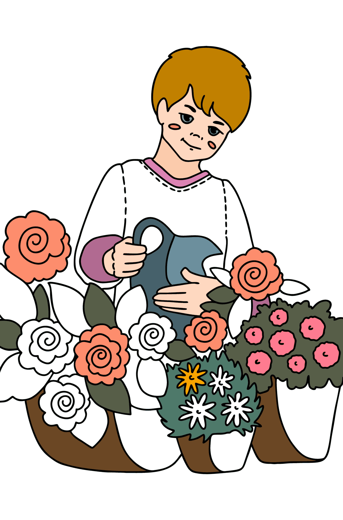 Boy watering flowers сoloring page - Coloring Pages for Kids