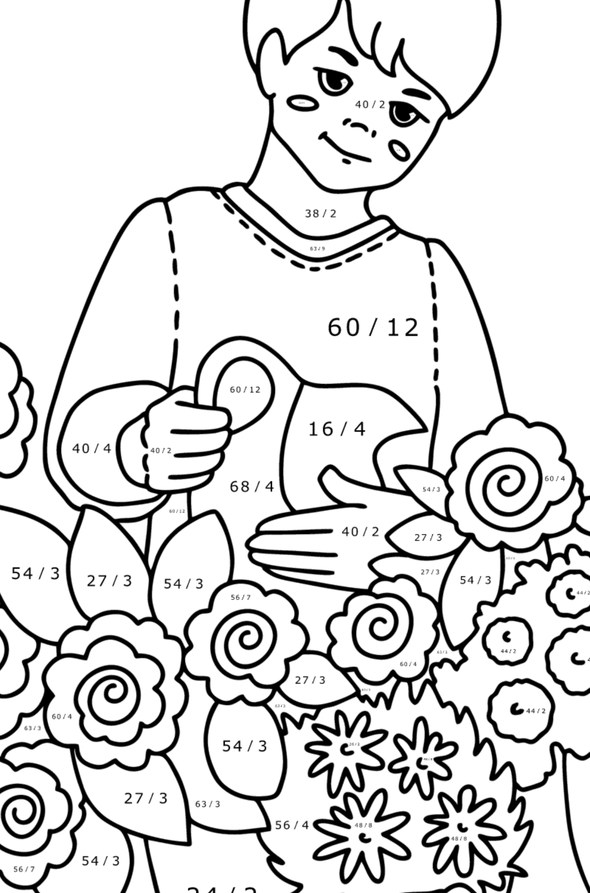 Målarbild Pojke vattna blommor - Matematik Färgläggning - Division För barn