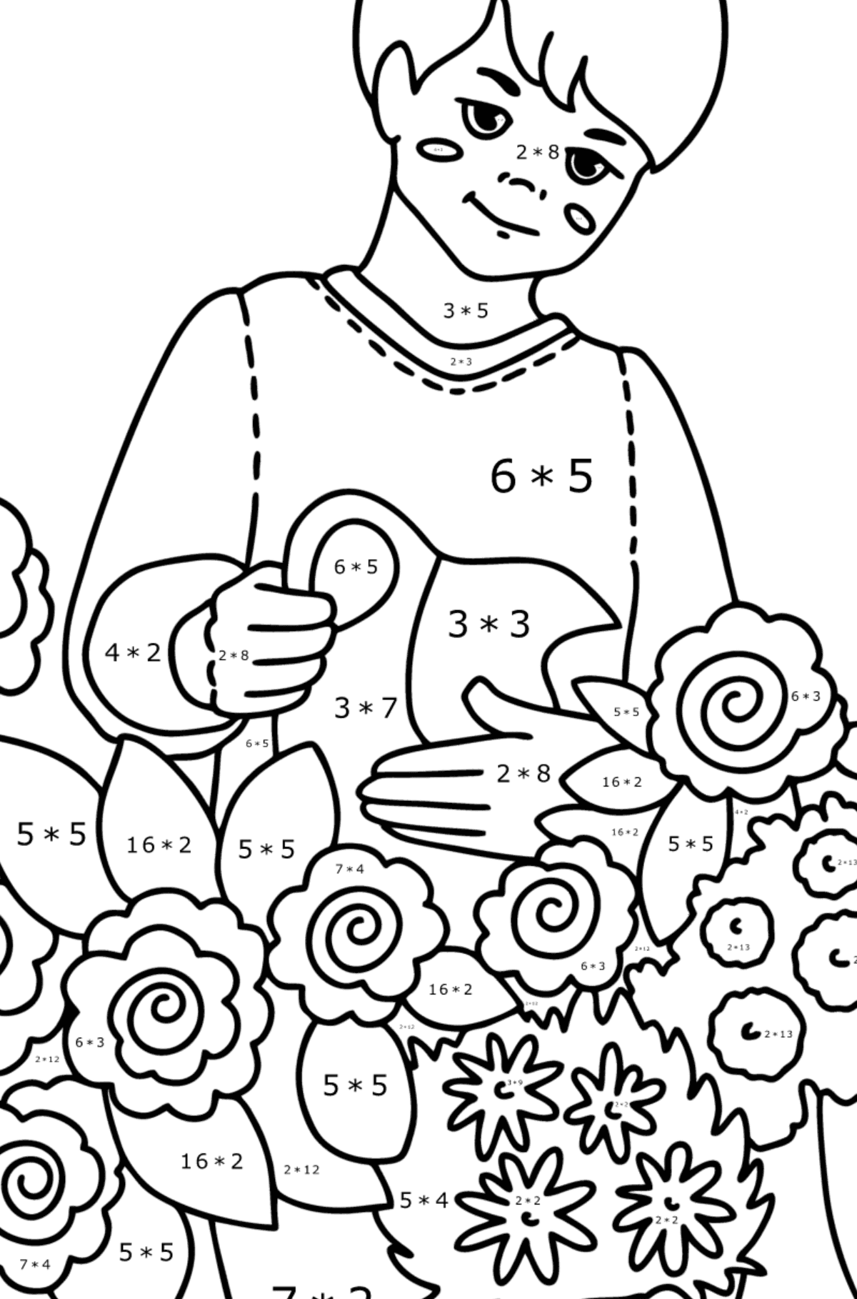 Målarbild Pojke vattna blommor - Matematik Färgläggning - Multiplikation För barn