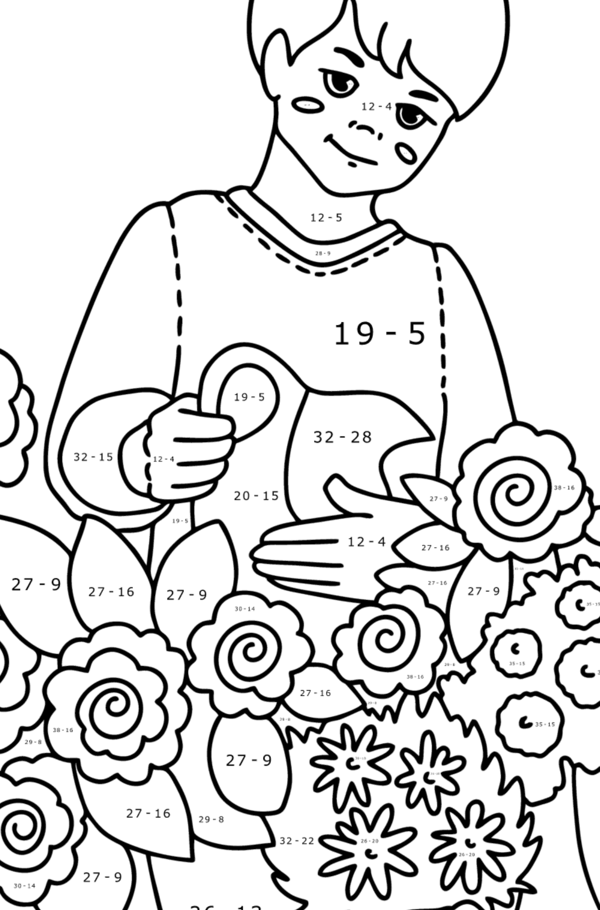 Målarbild Pojke vattna blommor - Matematik Färgläggning - Subtraktion För barn