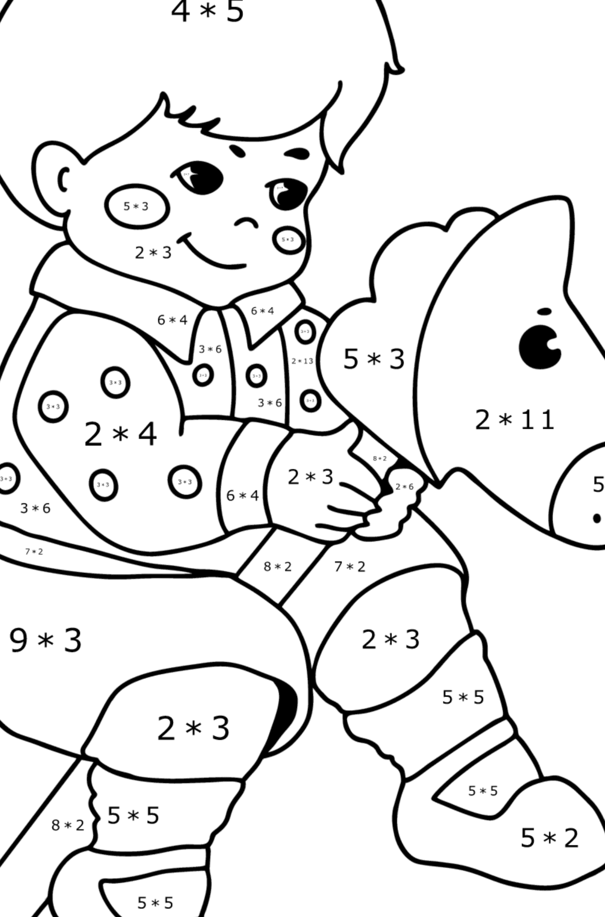 Värityskuva Poika ja hevonen - Matemaattinen Värityskirja - Kertolasku lapsille
