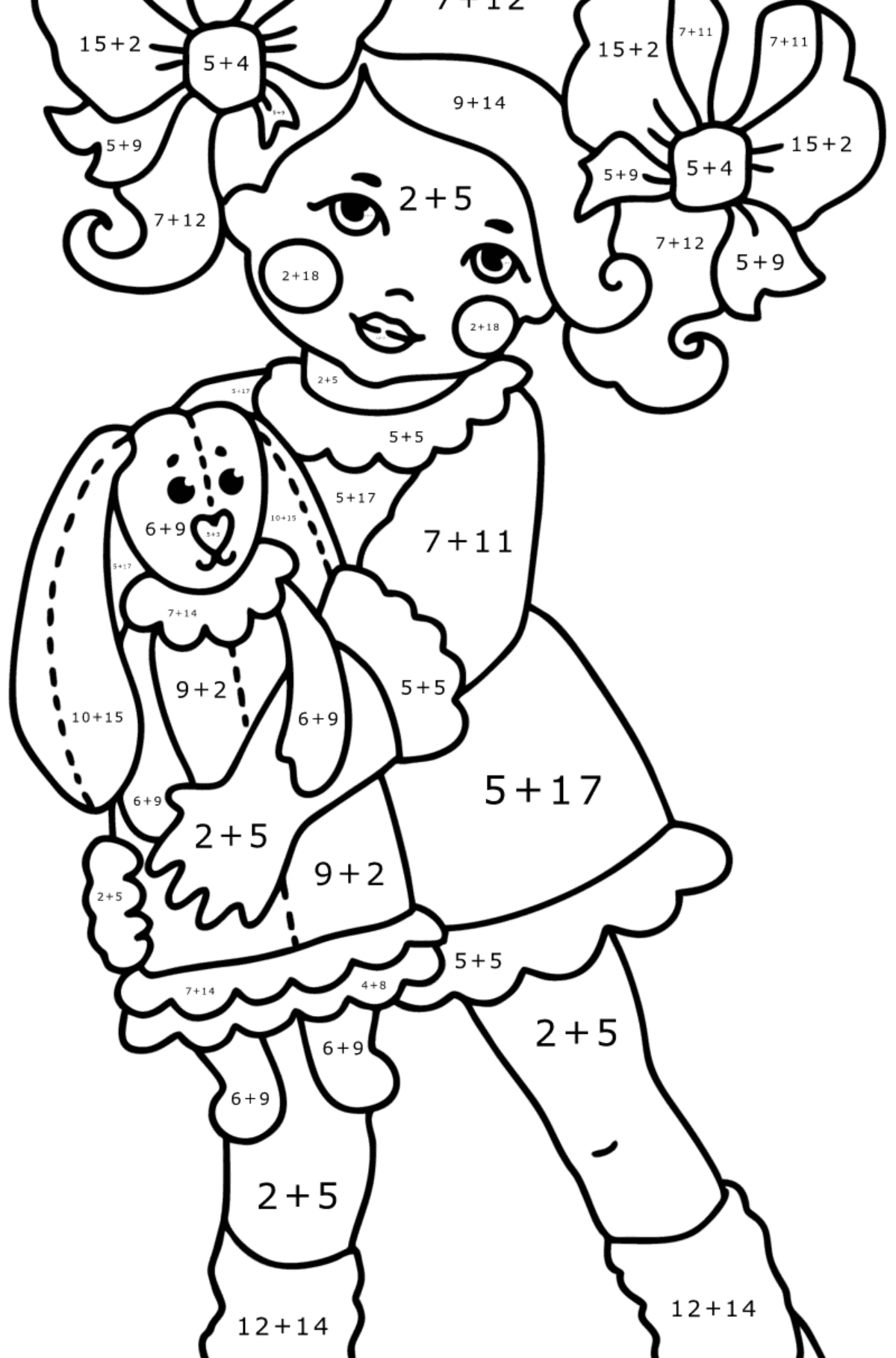 Girl and hare сoloring page - Math Coloring - Addition for Kids