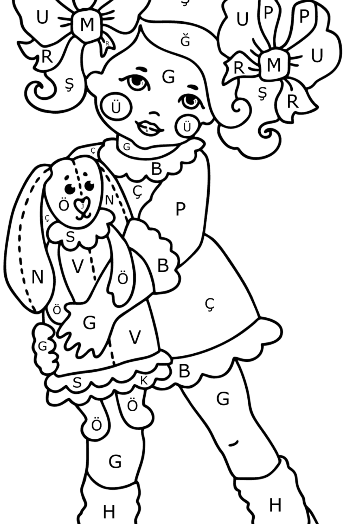 Boyama sayfası Kız ve tavşan - Harflerle Boyama çocuklar için